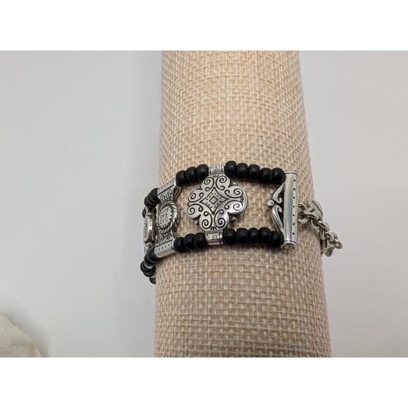 Brighton Silver Tone Black Bead Bracelet Adjustable Length Unique Design - Picture 4 of 10